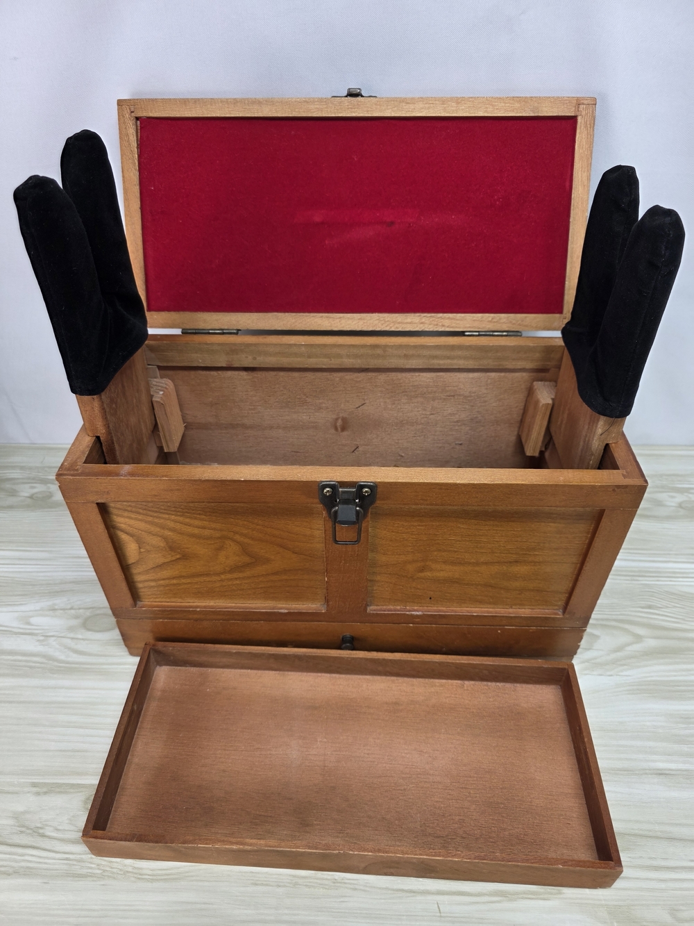 Vintage Solid Wood Gun Cleaning Box with Drawer & Metal Latch